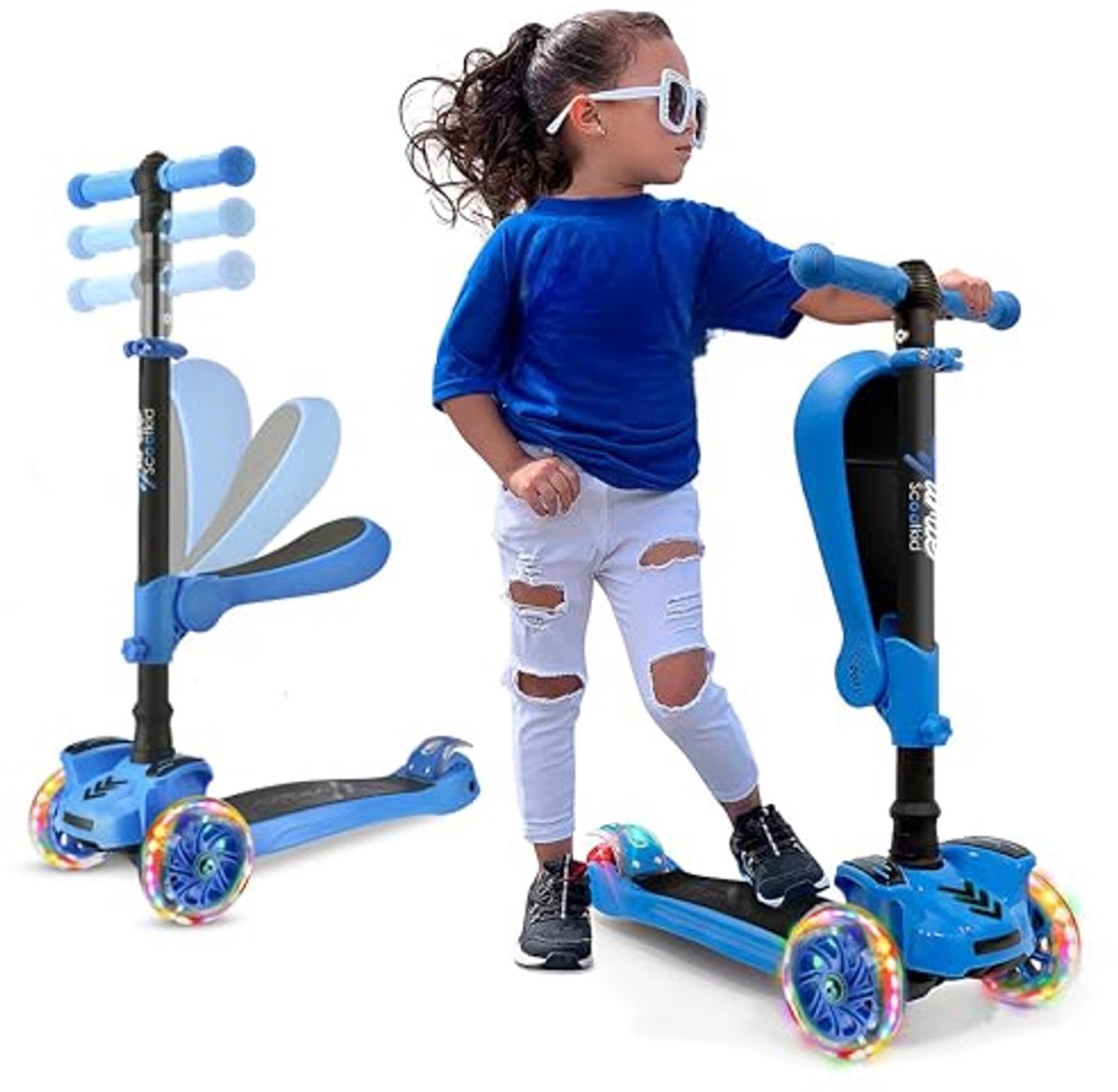 Driehoek Scootmobiel voor Kinderen - Vouwbare Scooter met Verstelbare Hoogte, LED Wielen en Antislip Voetplaat (6153905773754)