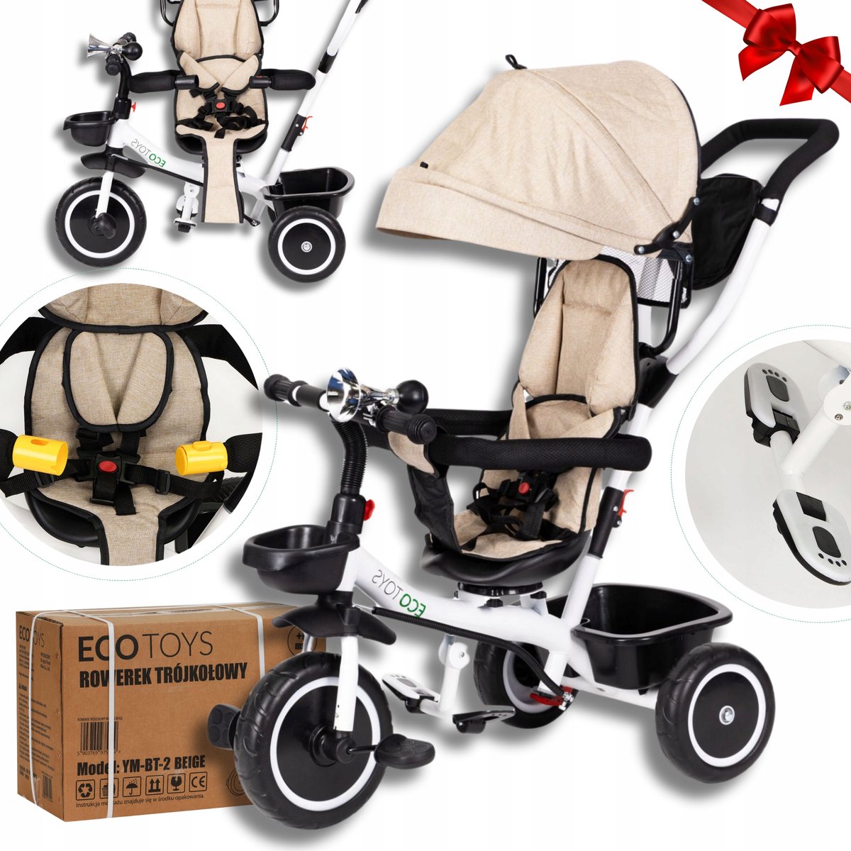 Driewieler 3-in-1 met Draaibare Zit en Kap - Beige (5906301674443)