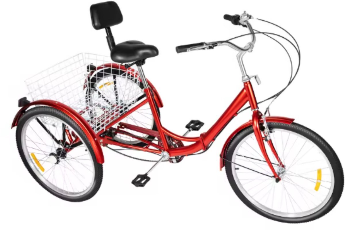 Driewieler Berlin Tavien - 7 versnellingen - Fiets voor volwassenen en senioren - 24 Inch - Opvouwbare - Verstelbaar - Met mand - Voorrem - Rood - 120KG (8721052070781)