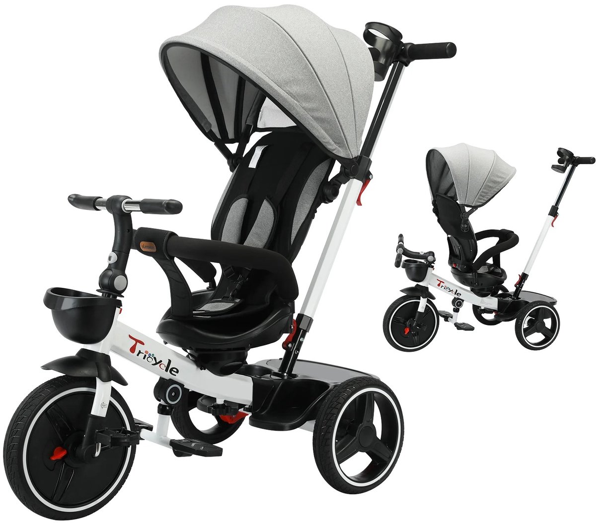 Driewieler - Kinderfiets - Kinderwagen - Loopwagen - Multifunctioneel - Met Duwstang - Afneembare Duwstang - Met Zonnescherm - Met Afneembare Veiligheidsbeugel - Grijs - Zwart (8721335181708)