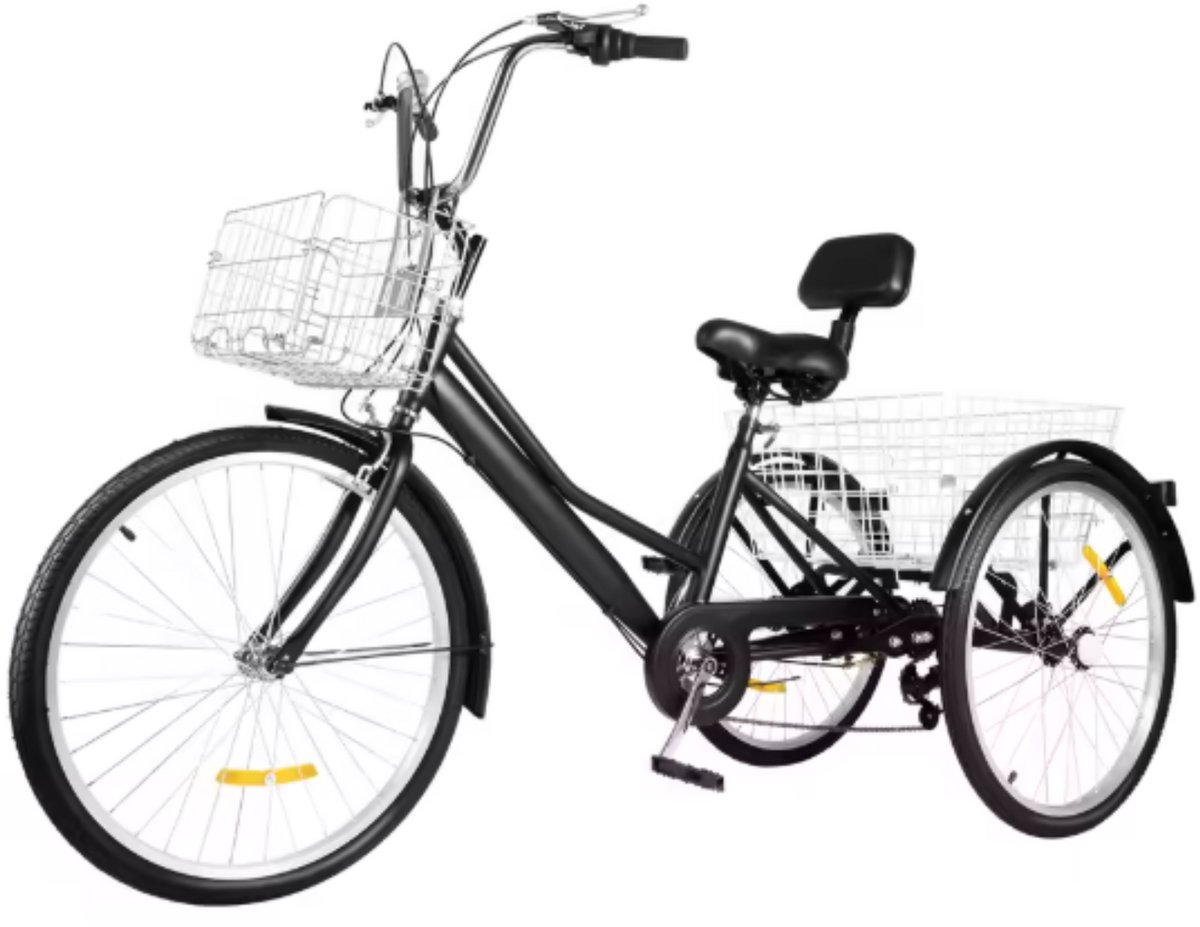 Driewieler London - 7 versnellingen - Fiets voor volwassenen en senioren - 24 Inch - Opvouwbare - Verstelbaar - Met mand - Voorrem - Zwart - 120KG (8721052048612)