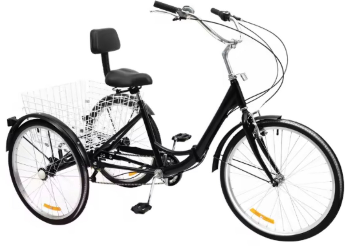 Driewieler Nevlo - 7 versnellingen - Fiets voor volwassenen en senioren - 24 Inch - Opvouwbare - Verstelbaar - Met mand - Voorrem - Zwart - 120KG (8721052048636)
