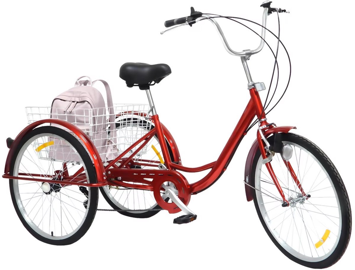 Driewieler Tavien 6 versnellingen - Fiets voor volwassenen en senioren - 24 Inch - Opvouwbare Trike - Met mand - Voorrem - Rood (8721052070231)
