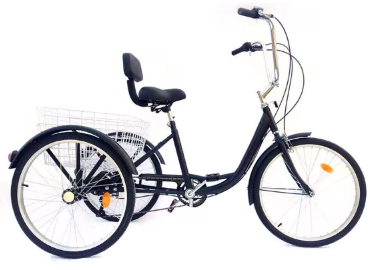 Driewieler voor volwassenen - 6 versnellingen - Fiets voor senioren - 24 Inch - Met mand - Voorrem - Zwart (8721052048605)