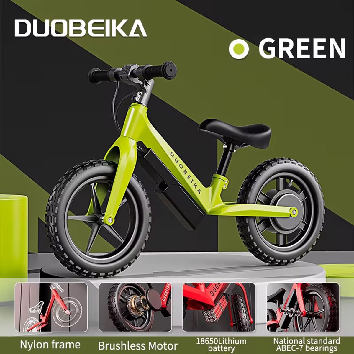 Elektrische Loopfiets voor Kinderen- DUOBEIKA - 12 inch - Lichtgewicht & Verstelbaar - GROEN (9501555987897)