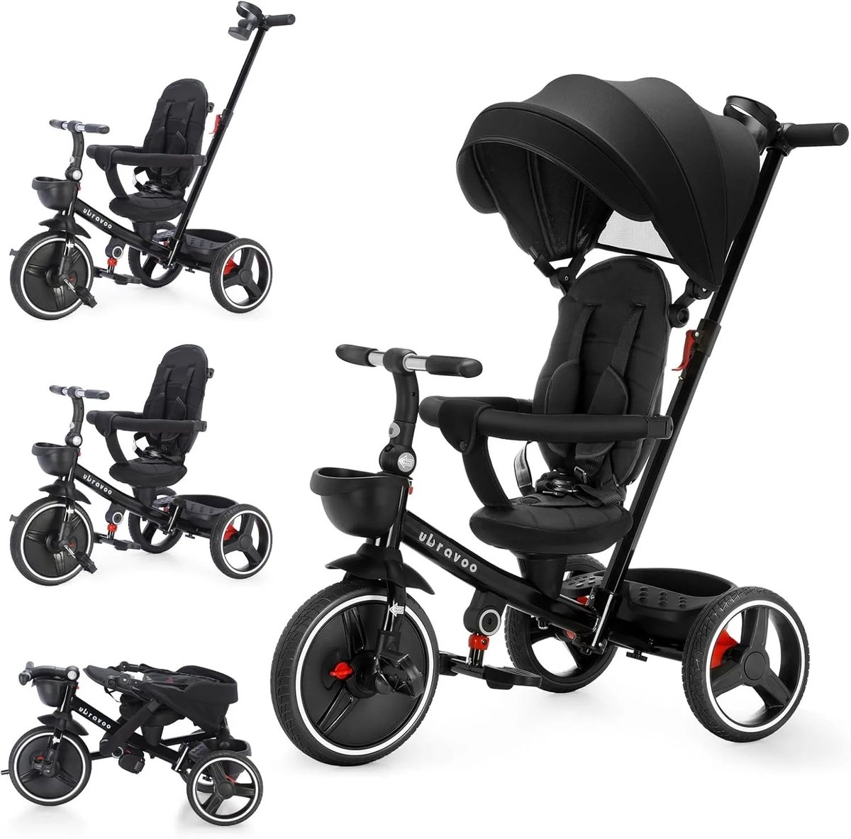 Fytura - 5-in-1 Baby Stroller Driewieler - Verstelbare Kap, Zittend & Liggend, Veiligheidsgordel, Schokdemper, Opbergmand - Voor Kinderen 1-5 Jaar - Zwart (8721447452772)