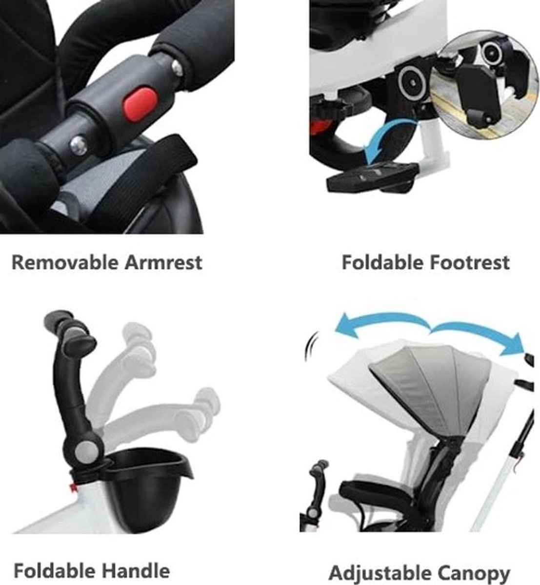 Gran VidaÂ® - Driewieler Met Duwstang - 360 Graden Draaibare Stoel - Verstelbare Luifel - Schokabsorberende Wielen - Geschikt voor Kinderen van 1-5 Jaar - Zwart (6151936160123)