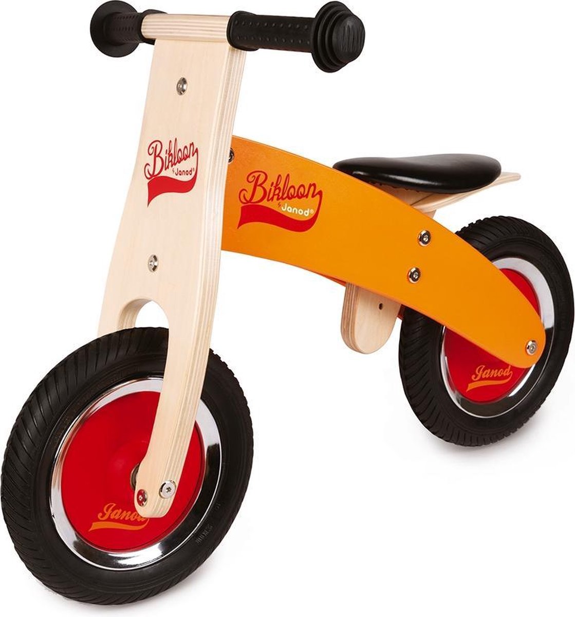 Janod Little Bikloon - Mijn Eerste Houten Loopfiets Oranje/Rood - Met Verstelbaar Zadel En Opblaasbare Banden - Geschikt Vanaf 2 Jaar (3700217332631)