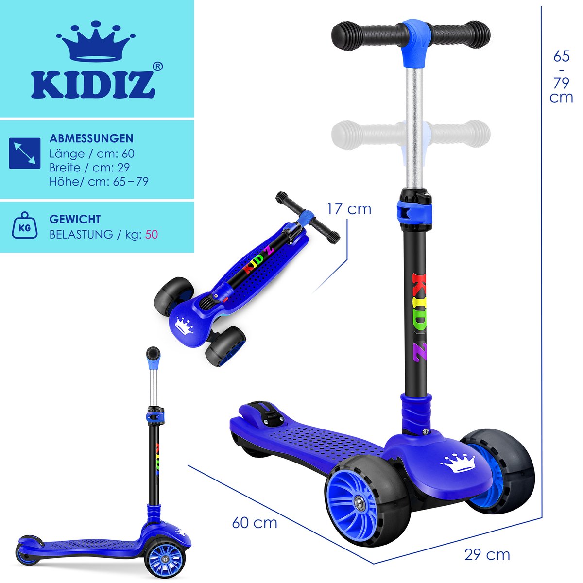 KIDIZ® Kinderstep - 3 wielen Step - Scooter - Kinderscooter X-Pro2 met PU LED oplichtende wielen Opvouwbaar pedaal Kinderstepjes in hoogte verstelbare City Scooter voor jongens en meisjes 3-12 jaar - Zwart / Blauw (4260692713770)