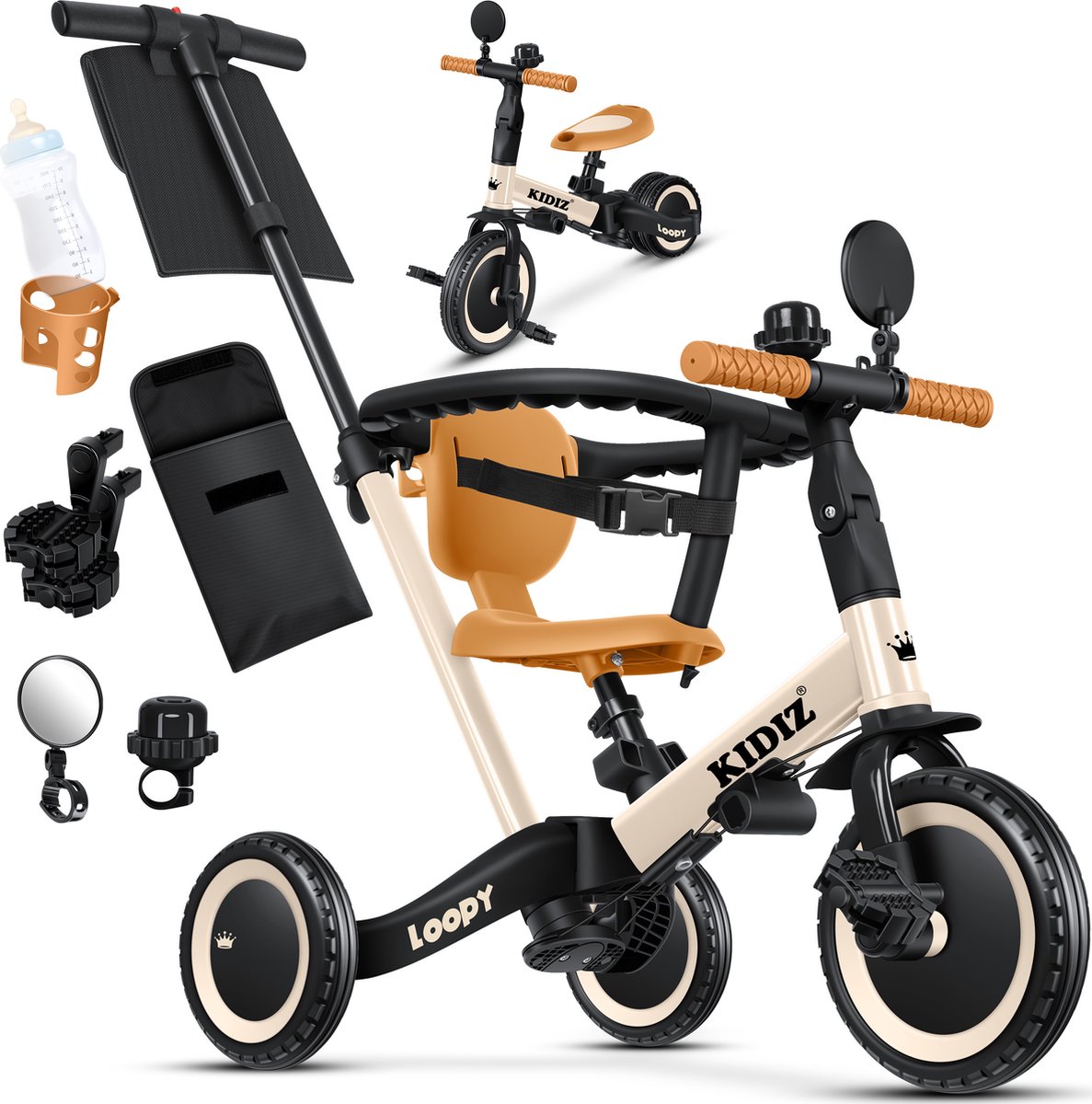 KIDIZ® Loopfiets 6in1 voor Jongens en Meisjes van 1 tot 5 jaar - Driewieler voor Kinderen tot 25 kg Kinderfiets - Beige (4255598322690)