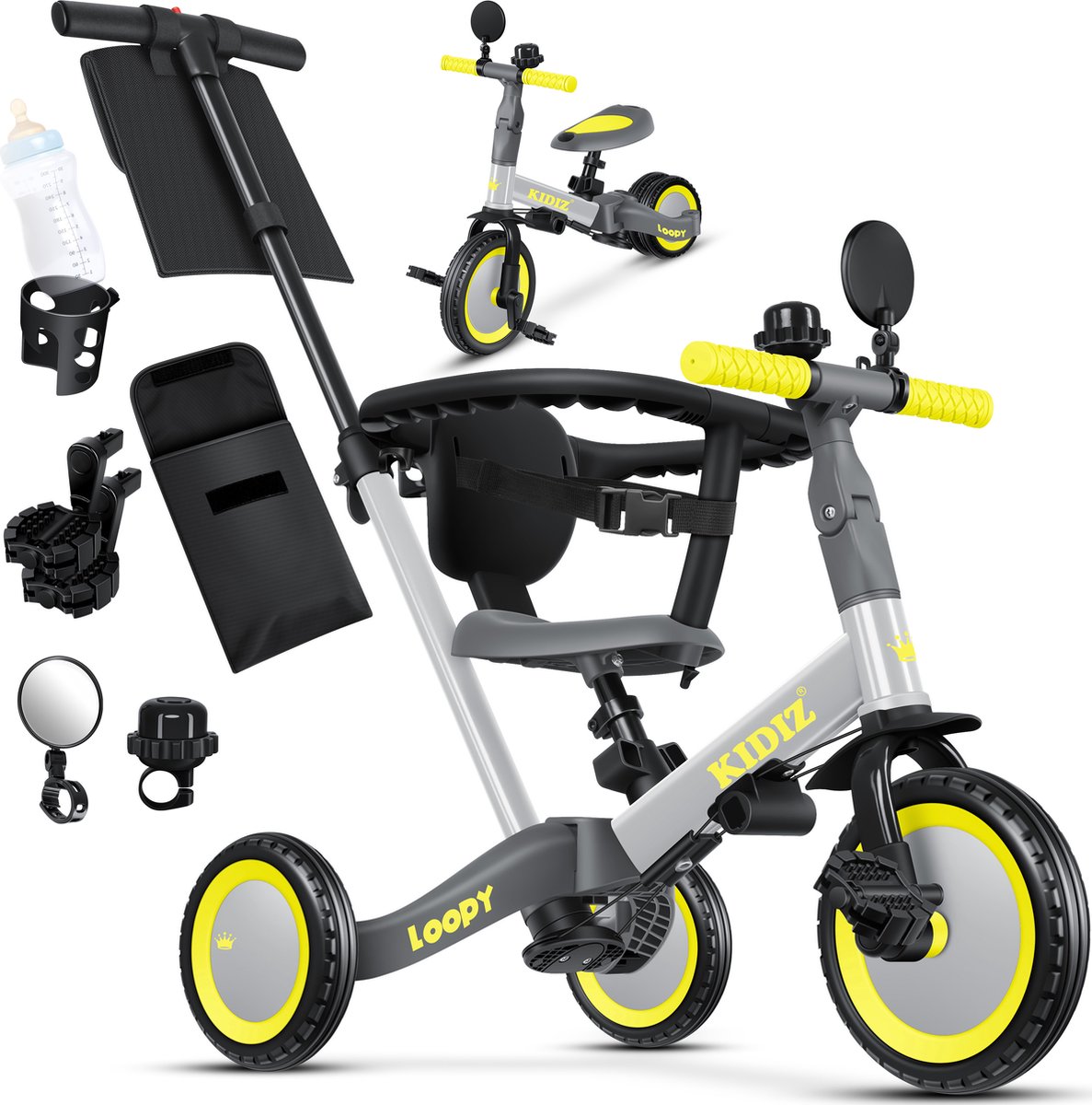 KIDIZ® Loopfiets 6in1 voor Jongens en Meisjes van 1 tot 5 jaar - Driewieler voor Kinderen tot 25 kg Kinderfiets - Grijs (4255598322676)