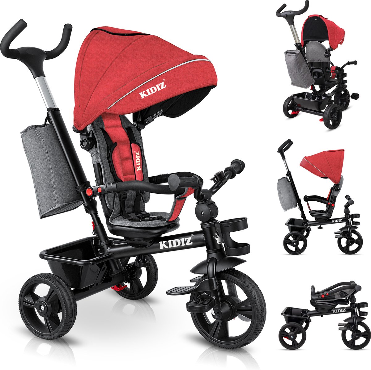 KIDIZ® Loopfiets Driewieler 5in1 Kinderfiets kinderdriewielerfiets 1 jaar vooruit en achteruit Jogger , mand tas drinkhouder zonnekap rubberen wielen, buggy fiets baby opvouwbaar driewielfiets - Rood (4260729112576)