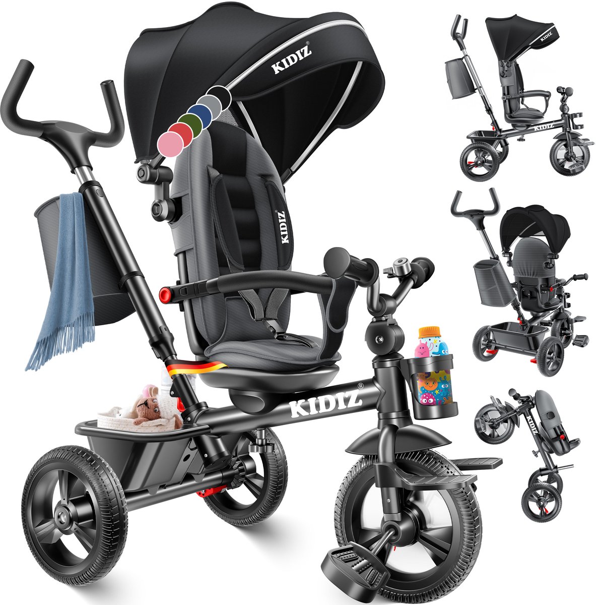 KIDIZ® Loopfiets Driewieler 5in1 Kinderfiets kinderdriewielerfiets 1 jaar vooruit en achteruit Jogger , mand tas drinkhouder zonnekap rubberen wielen, buggy fiets baby opvouwbaar driewielfiets - Zwart (4260692710090)