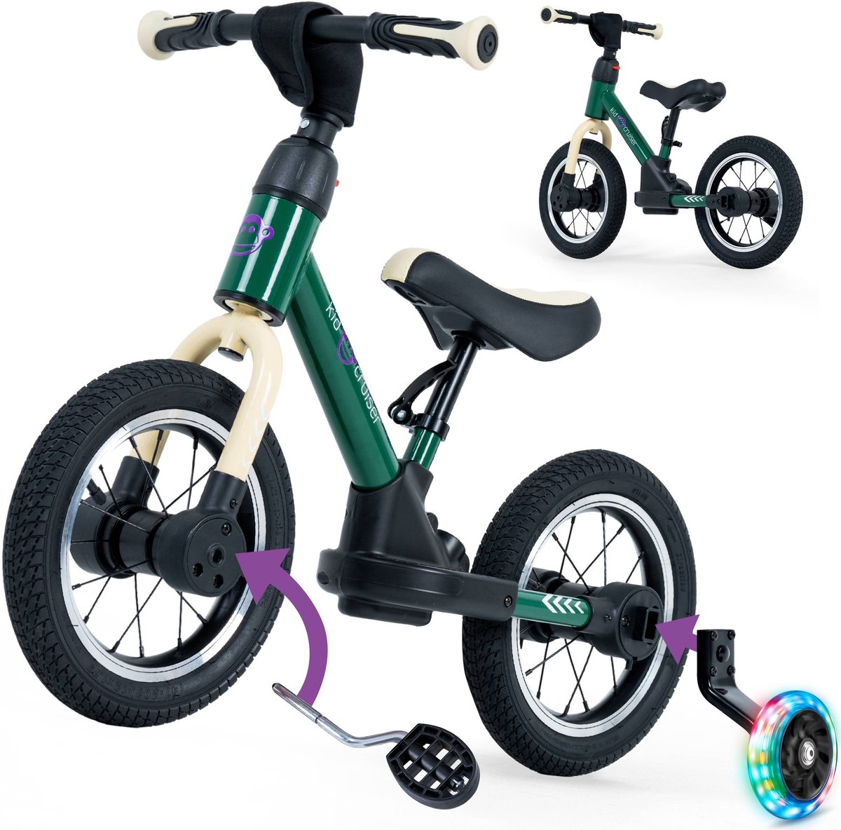 Kidcruiser Loopfiets 2+ jaar - Met LED Zijwieltjes & Trappers - 3-in-1 Kinderfiets - 12 inch - Donker Groen - Modulair Design - Driewieler loopfiets (8720892350954)