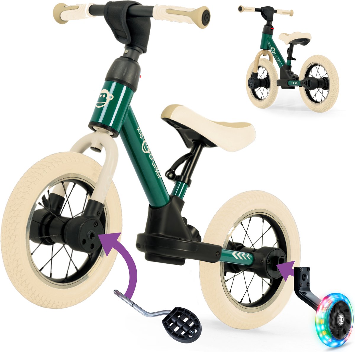 Kidcruiser Loopfiets 2+ jaar - Met LED Zijwieltjes & Trappers - 3-in-1 Kinderfiets - 12 inch - Donker Groen & Creme wit - Modulair Design - Driewieler loopfiets (8720892350992)