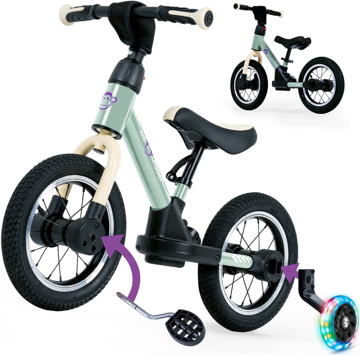 Kidcruiser Loopfiets 2+ jaar - Met LED Zijwieltjes & Trappers - 3-in-1 Kinderfiets - 12 inch - Lichtgroen - Modulair Design - Driewieler loopfiets (8720892350961)