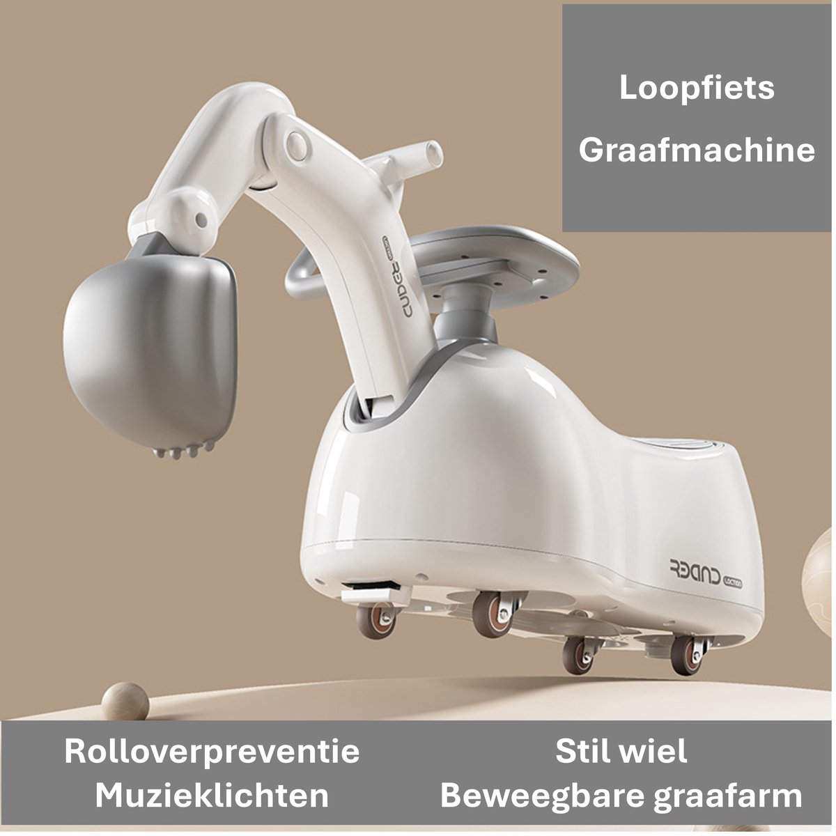Kinder Graafmachine Loopauto Wit met Grijs - Voor 1 tot 3 Jaar - 360° Zwenkwielen - Beweegbare Graafarm - Echt Graafplezier - Lichtgewicht & Stabiel - Tot 25 kg Draaggewicht (6154553256286)