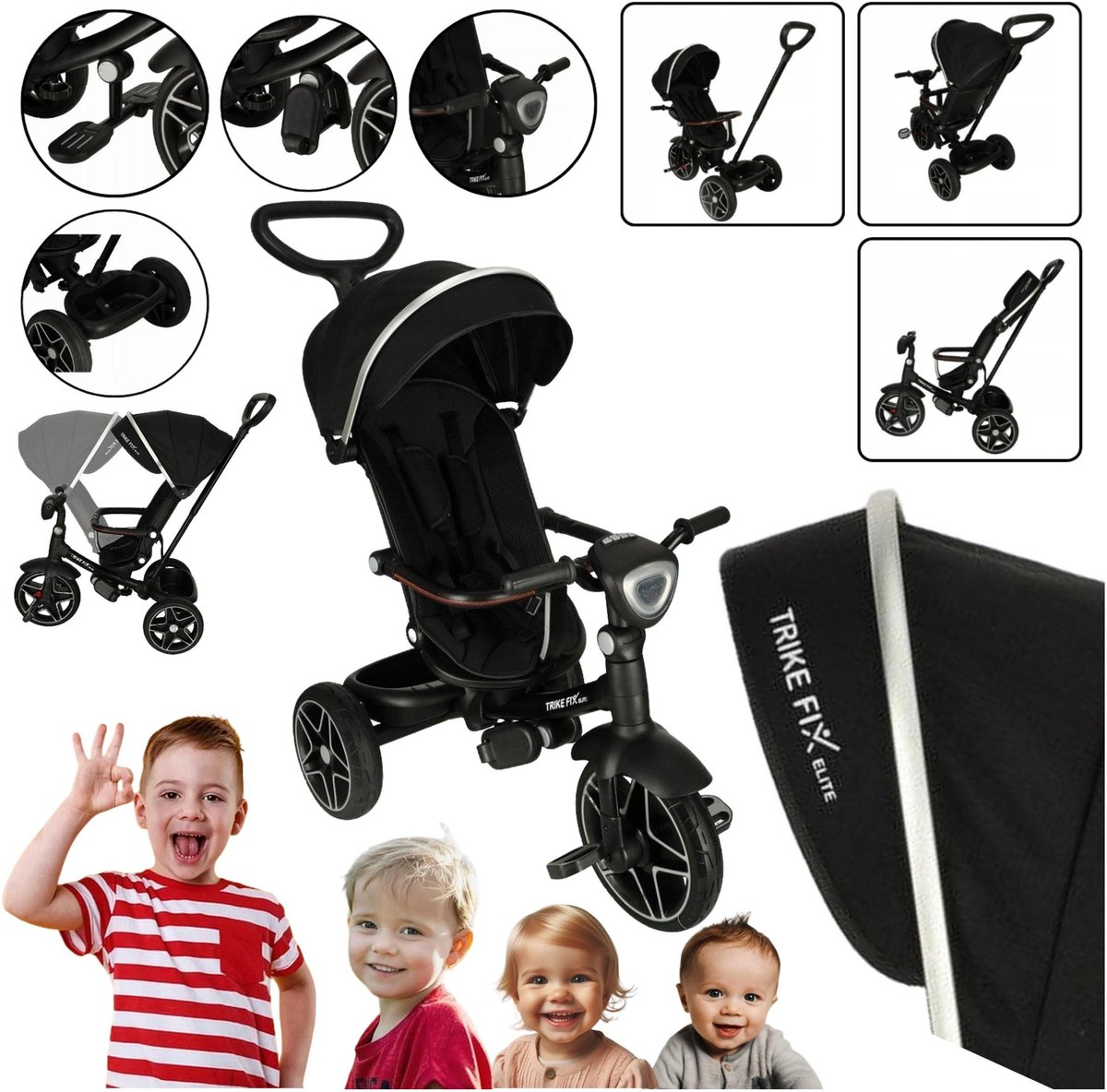 Kinderdriewieler met duwstang, draaibare zitting en zonnekap - Zwart (5908453201034)