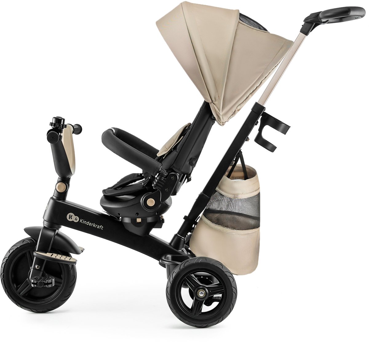 Kinderkraft EASYTWIST Driewieler - Voor Kinderen vanaf 9 Maanden - 360° Draaibare Zit, Verstelbaar en Opvouwbaar - Met Zonnescherm en Opbergruimte - Beige (5902533927265)