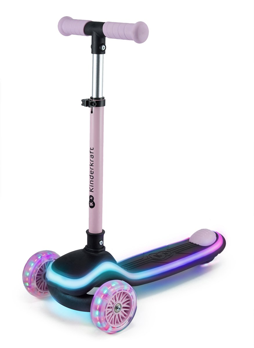 Kinderkraft RAKET - 3-Wiel kinderstep vanaf 2 jaar tot 50 kg - Wielen met RGB LED's - Opvouwbaar in 2 seconden - Verstelbaar stuur - Roze (5902533927784)