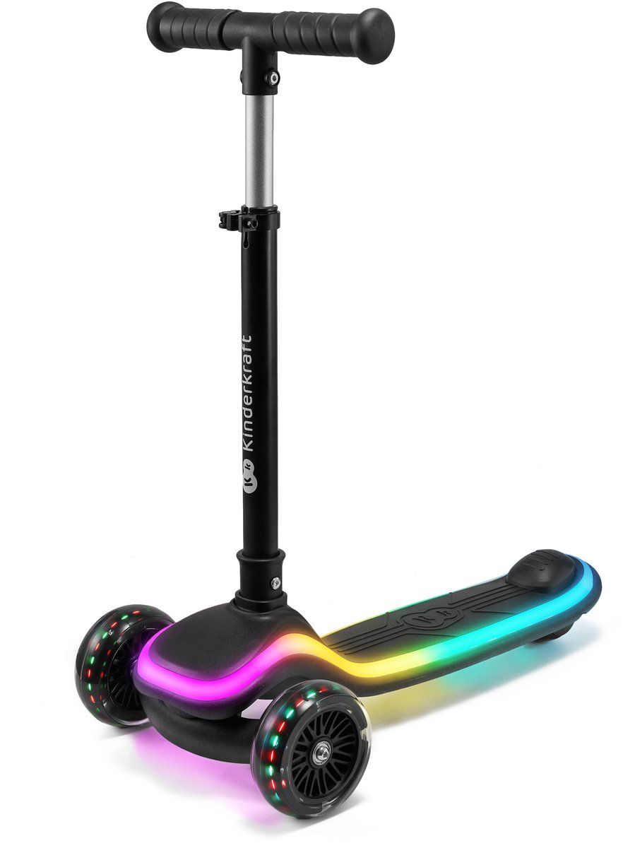 Kinderkraft RAKET - 3-Wiel kinderstep vanaf 2 jaar tot 50 kg - Wielen met RGB LED's - Opvouwbaar in 2 seconden - Verstelbaar stuur - Zwart (5902533927777)