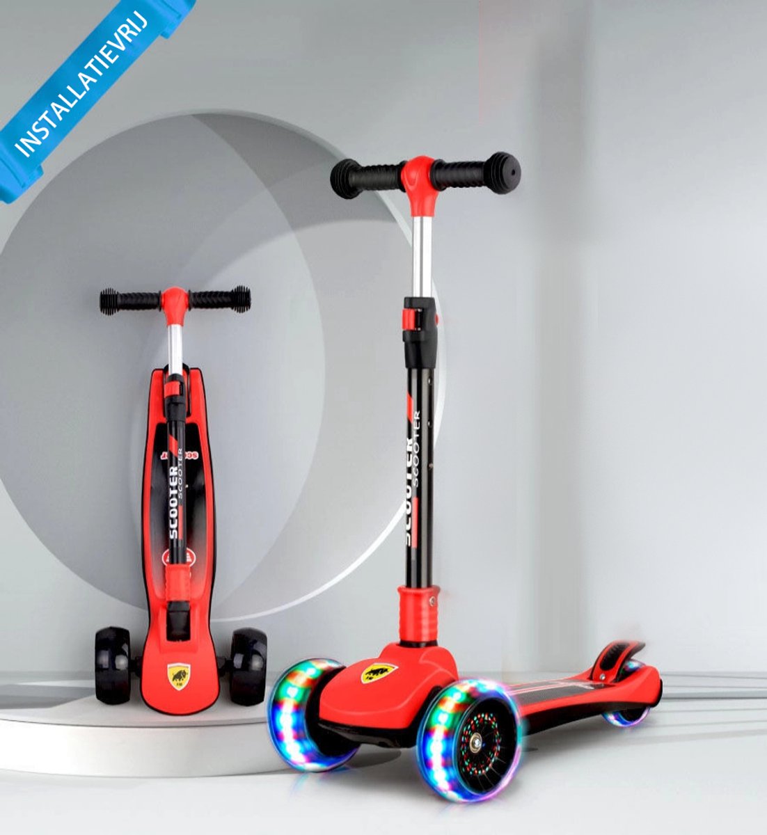 Kinderstep - 3 Lichtgevende LED Wielen - Hoogte Verstelbaar - Jongens/Meisjes - 4 Hoogtes (60-75cm) - Step Eénknops Opvouwbaar - Geschikt voor 2-9 Jaar - Rood (0841946207340)