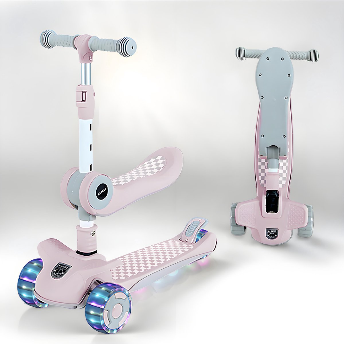 Kinderstep 3-in-1: Loopfiets + Driewieler + Step - Eénklaps Vouwbaar (Geen Montage!) - LED Lichtwielen - Verstelbaar 62-80cm - Veilig Laag Zwaartepunt - Geschikt 3-8 Jaar - Draagt 50kg - Zacht Roze (0846946201541)