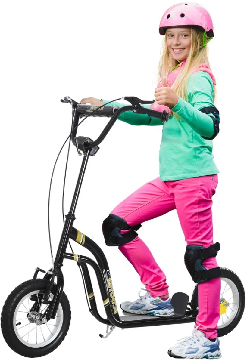 Kinderstep - Kinderstepjes met 12-inch luchtbanden en Handrem - Step - Stadsstep - Stuurhoogte: 85-95 cm - Speelgoed Jongens/Meisjes vanaf 5 jaar - Tieners & Volwassenen - Draagkracht tot 100 kg - Zwart (8721317509841)