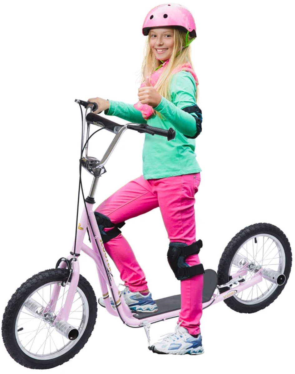 Kinderstep - Kinderstepjes met 16-inch Luchtbanden en Handrem - Step - Stadsstep - Stuurhoogte: 92-100 cm - Speelgoed Jongens/Meisjes 5-12 jaar - Draagkracht tot 100 kg - Roze (8721317509933)