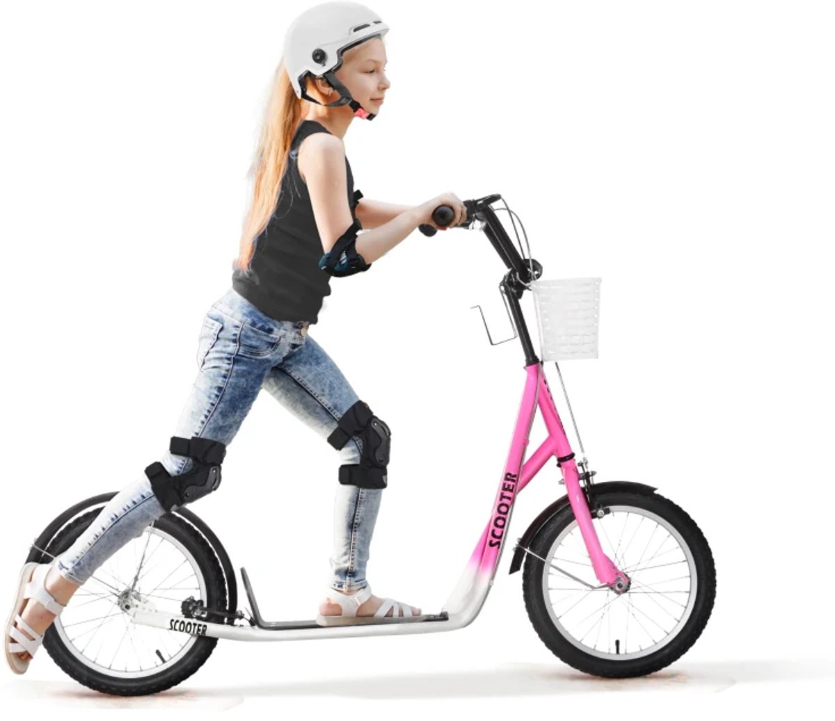 Kinderstep - Kinderstepjes met 16-inch luchtbanden en Handrem - Opvouwbaar Step - Stadsstep - Stuurhoogte: 90-96 cm - Speelgoed Jongens/Meisjes 5-12 jaar - Draagkracht tot 100 kg - Wit + Roze (8721317509889)