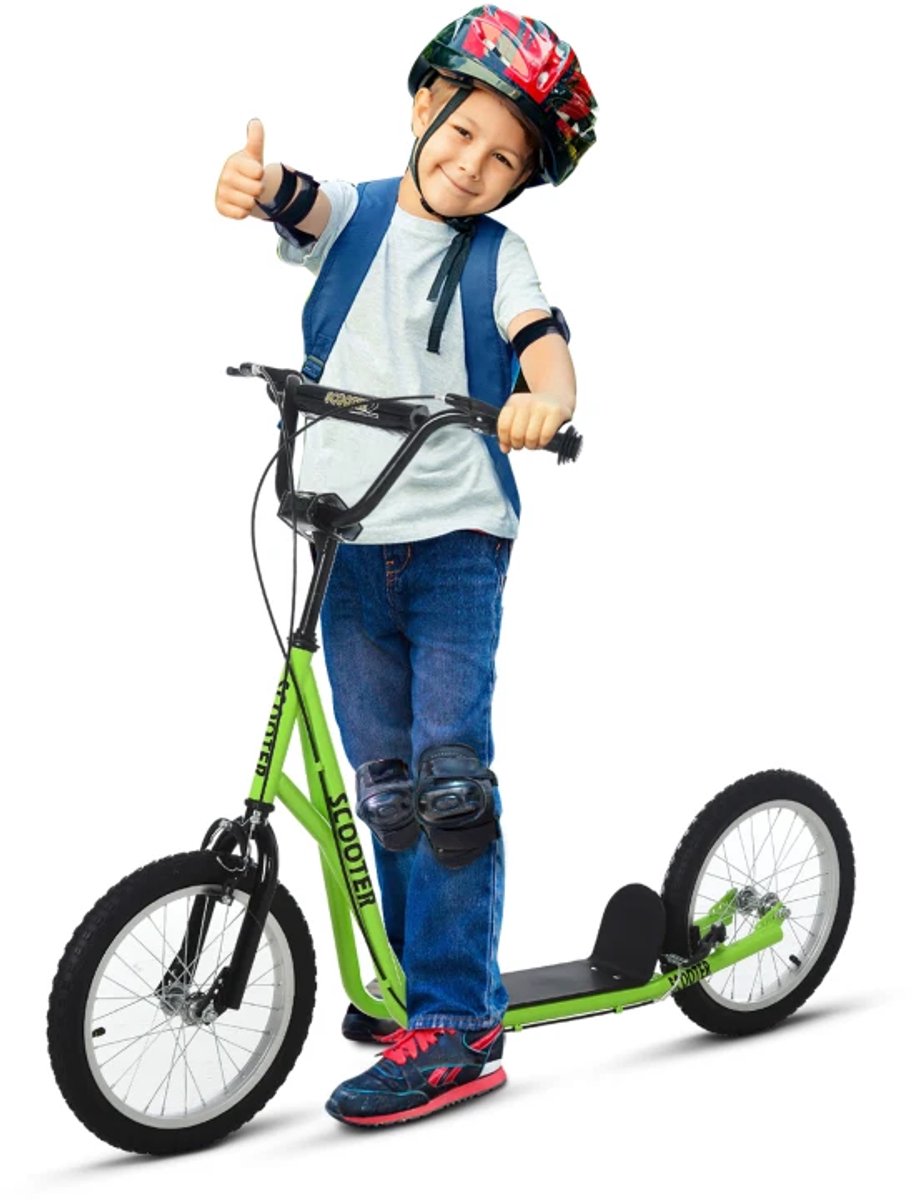 Kinderstep - Kinderstepjes met 16-inch luchtbanden en Handrem - Step - Stadsstep - Stuurhoogte: 90-96 cm - Speelgoed Jongens/Meisjes 5-12 jaar - Draagkracht tot 100 kg - Groen (8721317509902)