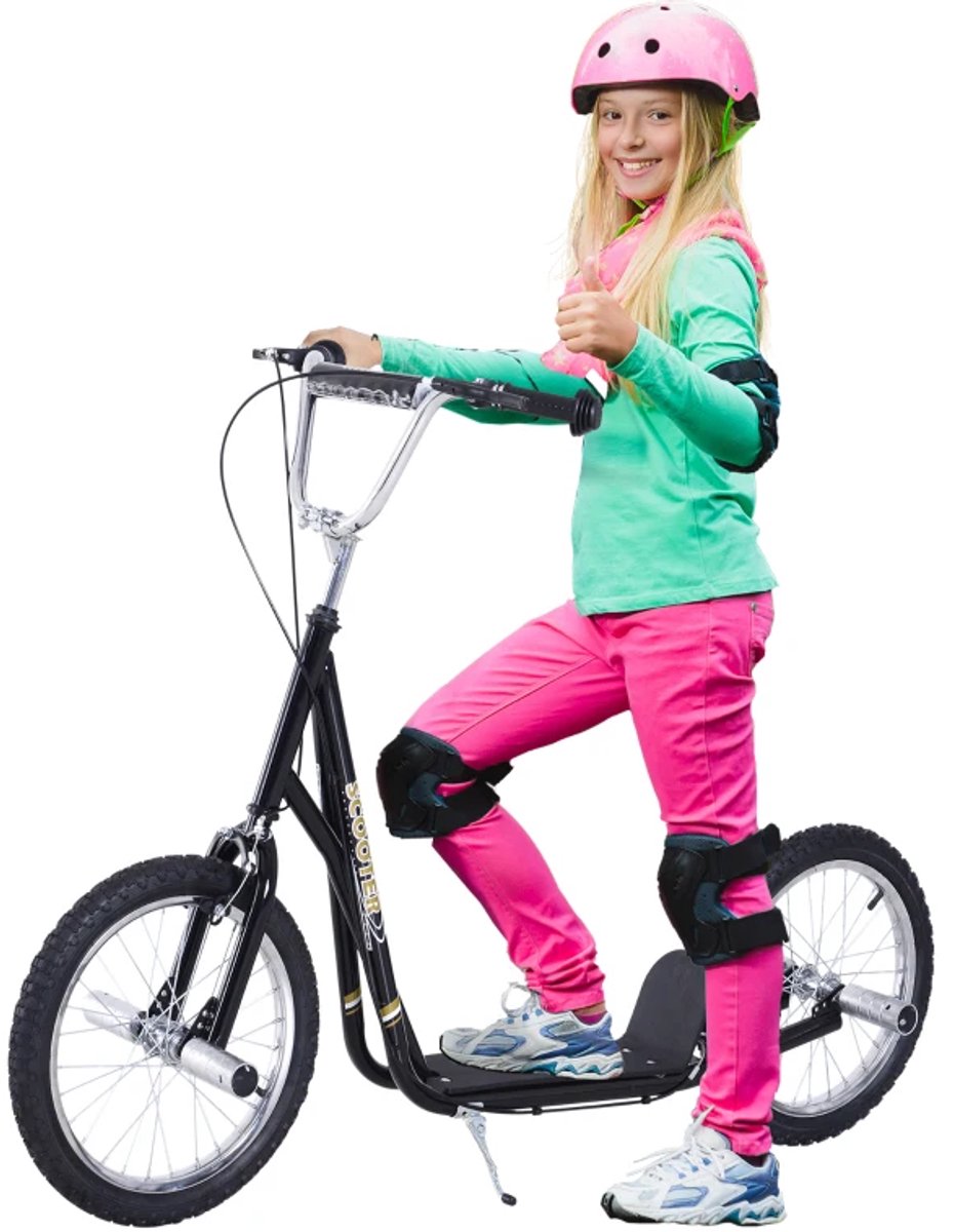 Kinderstep - Kinderstepjes met 16-inch luchtbanden en Handrem - Step - Stadsstep - Stuurhoogte: 92-100 cm - Speelgoed Jongens/Meisjes 5-12 jaar - Draagkracht tot 100 kg - Zwart (8721317509896)