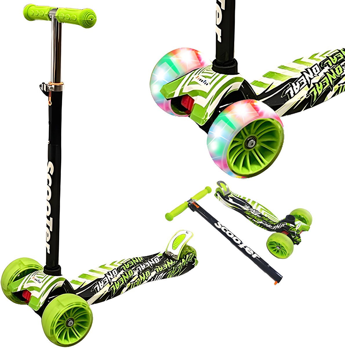 Kinderstep - LED-wielen met flitsende verlichting - max 50kg - leeftijd 6+ - hoogte verstelbaar 61-83 cm (3 standen) Groen (0846949103347)