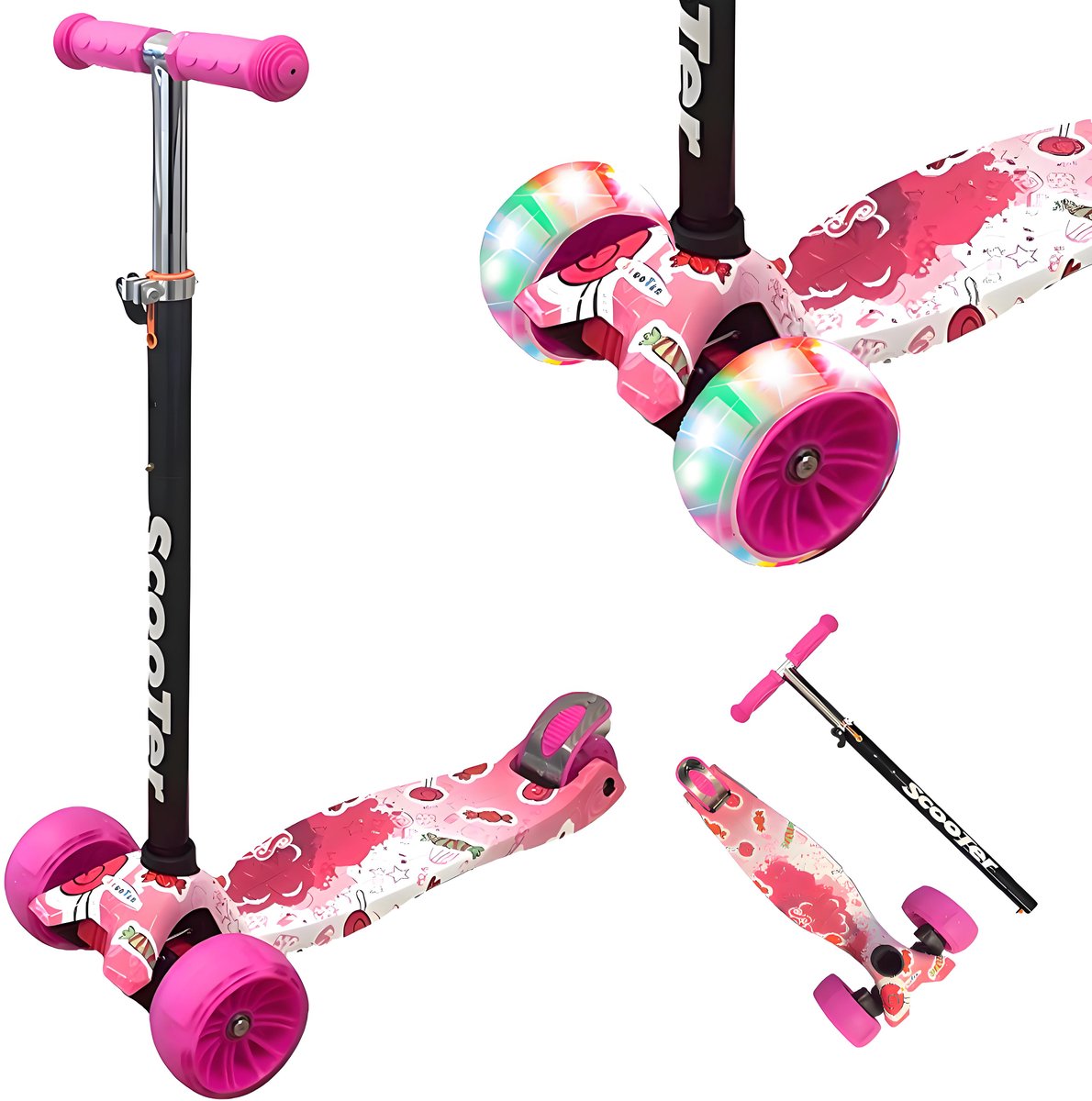 Kinderstep - LED-wielen met flitsende verlichting - max 50kg - leeftijd 6+ - hoogte verstelbaar 61-83 cm (3 standen) Roze (0846949102340)