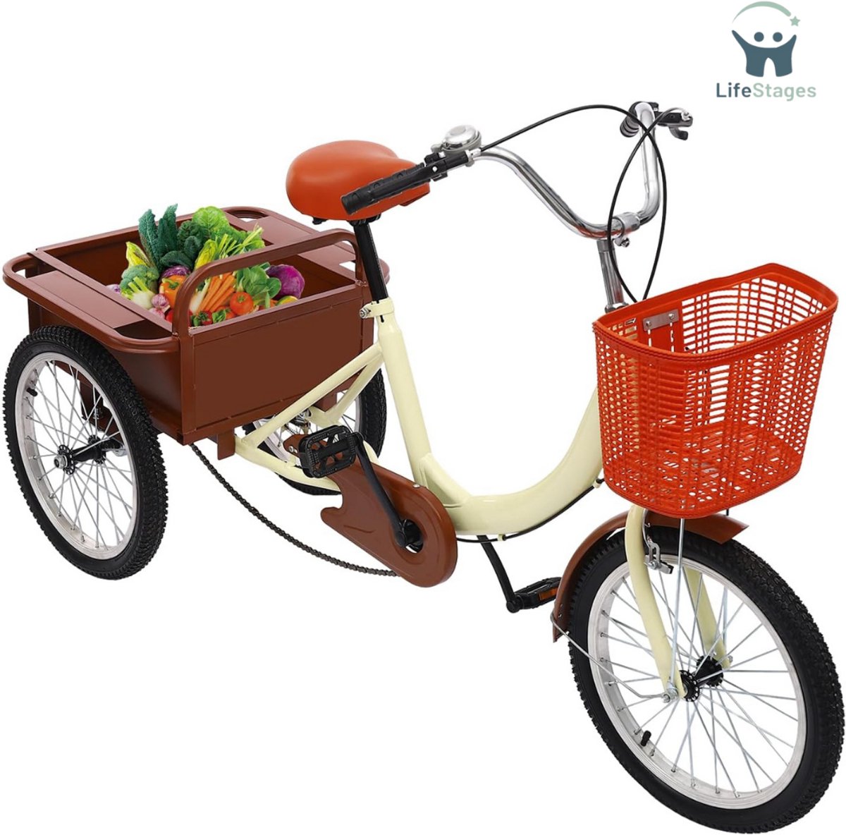 LifeStages - Driewieler Volwassenen - Driewieler - Driewielfiets Volwassenen - Driewielfiets - Driewieler Senioren - 18 Inches - met Boodschappenmandje 3 Wielen - Beige (8721197527614)