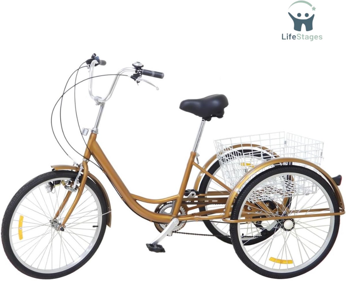 LifeStages - Driewieler Volwassenen - Driewieler - Driewielfiets Volwassenen - Driewielfiets - Driewieler Senioren - 24 Inches - met Boodschappenmandje 3 Wielen - Goud (8721077205267)