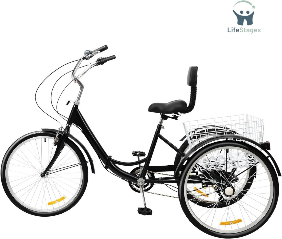 LifeStages - Driewieler Volwassenen - Driewieler - Driewielfiets Volwassenen - Driewielfiets - Driewieler Senioren - 24 Inches - met Boodschappenmandje 3 Wielen - Zwart (8721077205311)