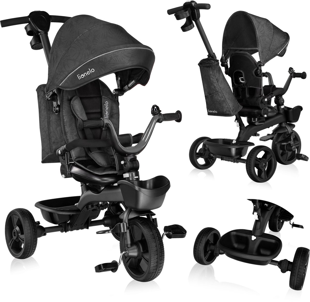 Lionelo Kori - Driewieler - Kinderfiets 2 in 1 - tot 5 Jaar - Vanaf 9 maand - Zeer licht - Opvouwbaar - Tot 25kg - Draaibare zitting - Verstelbare duwstang - Veilige 3-punts gordel - Vrije wiel en stuur - Verstelbaar luifel met venster - Grijs (5902581659293)