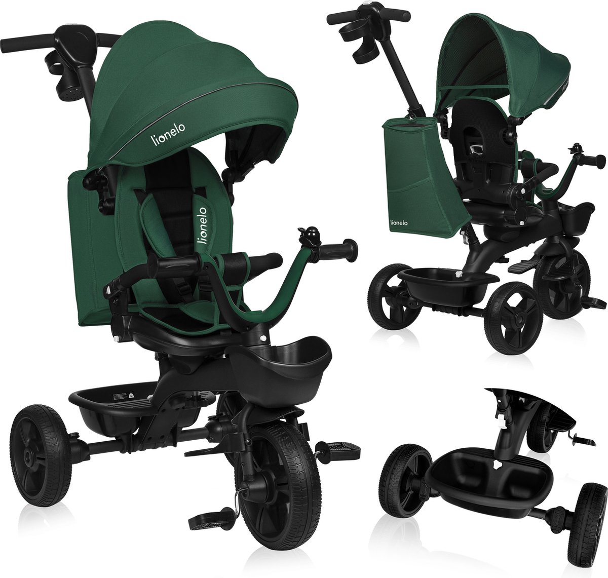 Lionelo Kori - Driewieler - Kinderfiets 2 in 1 - tot 5 Jaar - Vanaf 9 maand - Zeer licht - Opvouwbaar - Tot 25kg - Draaibare zitting - Verstelbare duwstang - Veilige 3-punts gordel - Vrije wiel en stuur - Verstelbaar luifel met venster - Groen (5903771706865)