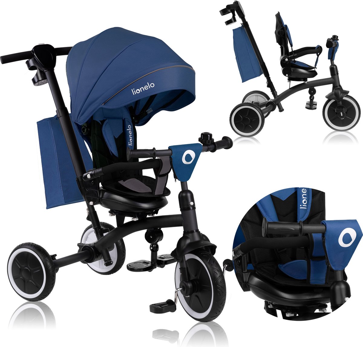 Lionelo Tris Plus - Driewieler - Kinderfiets 2-in-1 - tot 5 Jaar - 25kg - 360° draaibare zitting - verstelbare rugleuning - PU wielen - duwstang - vrijloop - reflecterend kapje - klikmontage - incl. accessoires (5903771707435)