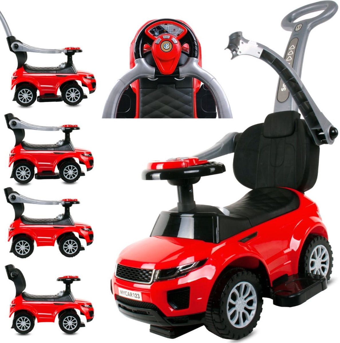 Loopauto kinderauto schuifauto vanaf 1 jaar en duwauto met claxon en muziek, opbergruimte onder de zitting (Rood) (5905525350683)