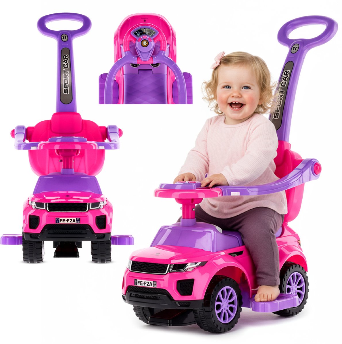 Loopauto kinderauto schuifauto vanaf 1 jaar en duwauto met claxon en muziek, opbergruimte onder de zitting (Roze) (5905525350812)