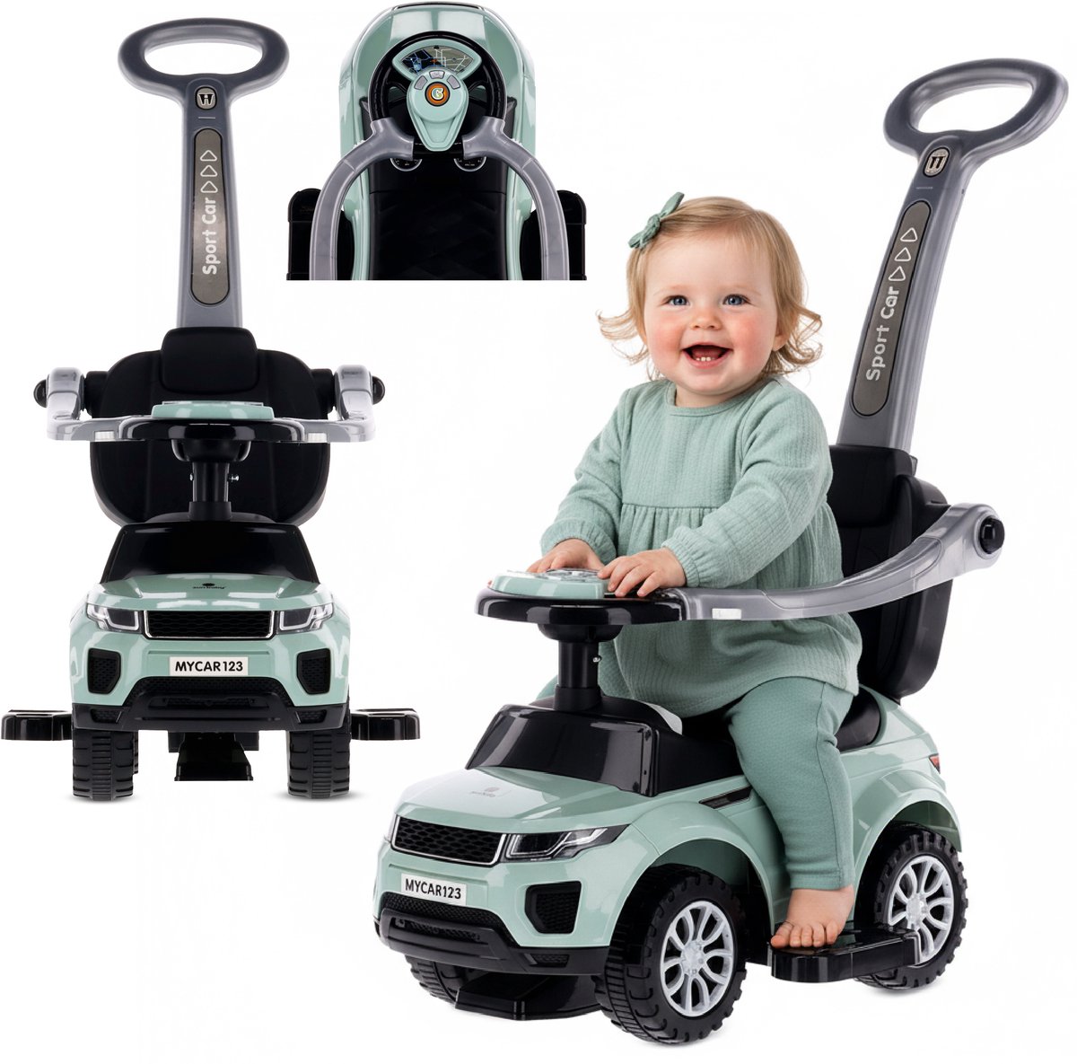 Loopauto kinderauto schuifauto vanaf 1 jaar en duwauto met claxon en muziek, opbergruimte onder de zitting (Salie) (5907798857579)