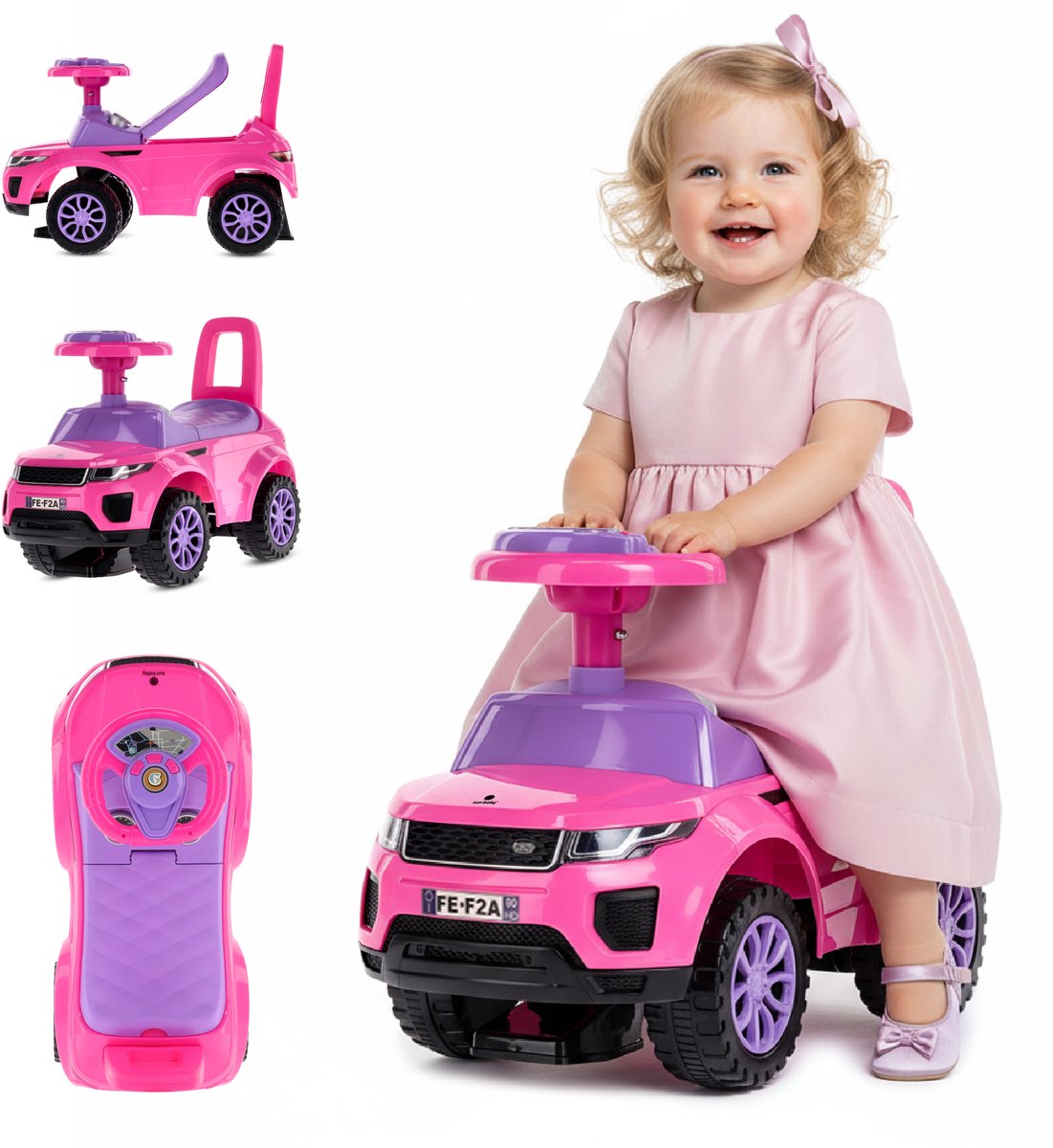 Loopauto vanaf 1 jaar, bobby auto, kinderauto vanaf 12 maanden, babyauto, babywalker met claxon en motorgeluiden (Roze) (5907478641955)