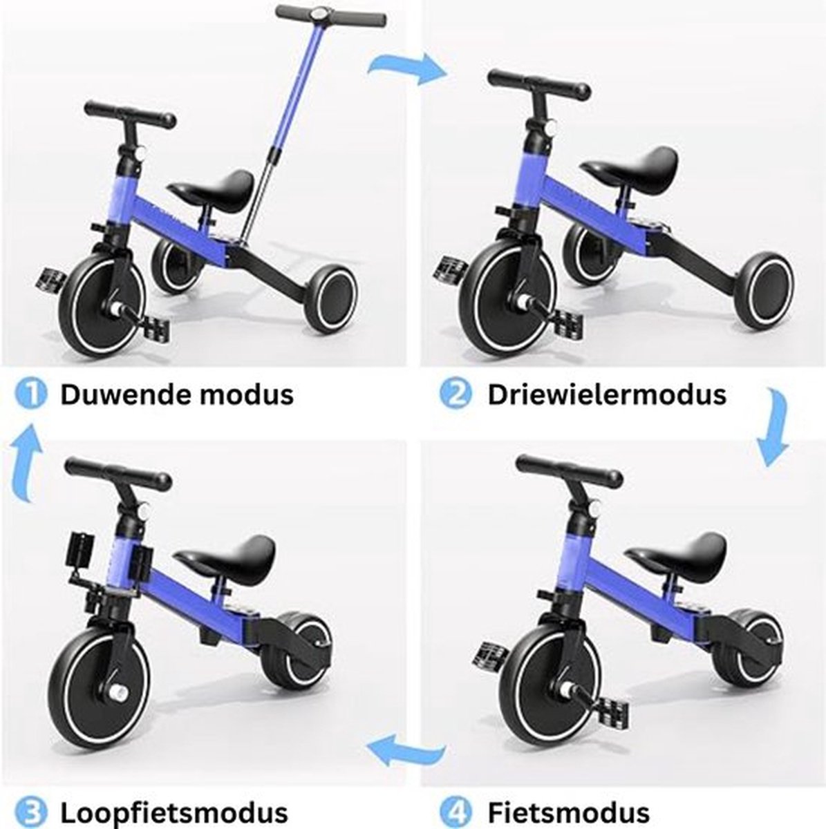Loopfiets 1 jaar - Loopfiets 1 jaar met duwstang - 4 in 1 driewieler - Loopfiets jongens 2 jaar - Loopfiets met duwstok - Uitbreiding met trappers - Inklapbaar (8785307070896)