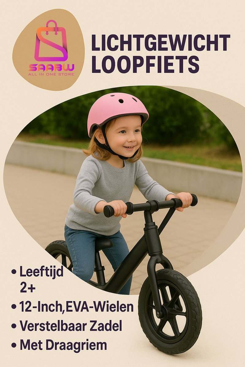 Loopfiets Kind Zwart - Lichtgewicht Kinderfiets 12 Inch - Verstelbaar Zadel - Inclusief Draagriem kinderfietsen - EVA Wielen - loopfiets 2 jaar - loopfiets 3 jaar - 56308 (6154517276237)