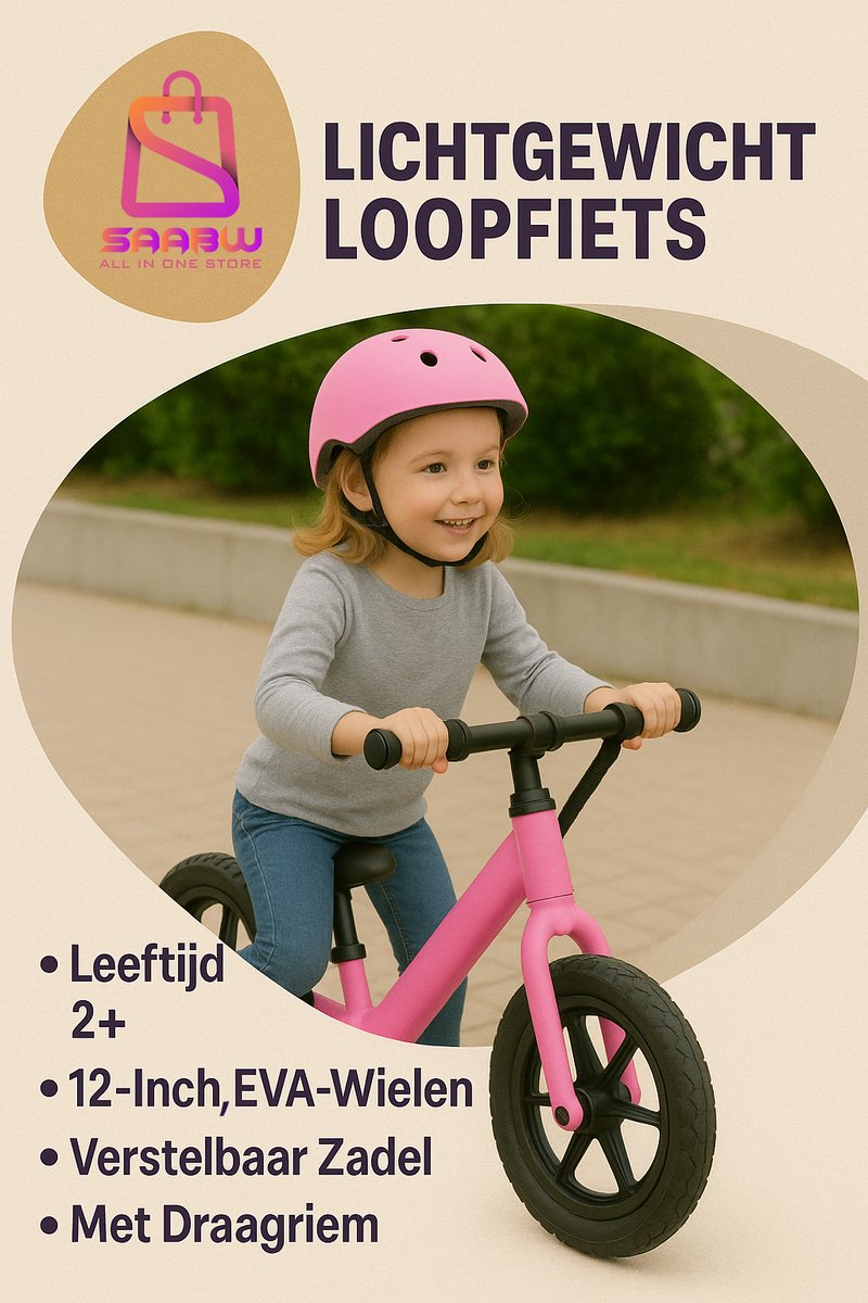 Loopfiets Kind roze - Lichtgewicht Kinderfiets 12 Inch - Verstelbaar Zadel - EVA Wielen - Inclusief Draagriem kinderfietsen - loopfiets 3 jaar- loopfiets 2 jaar - 56315 (6154517283266)