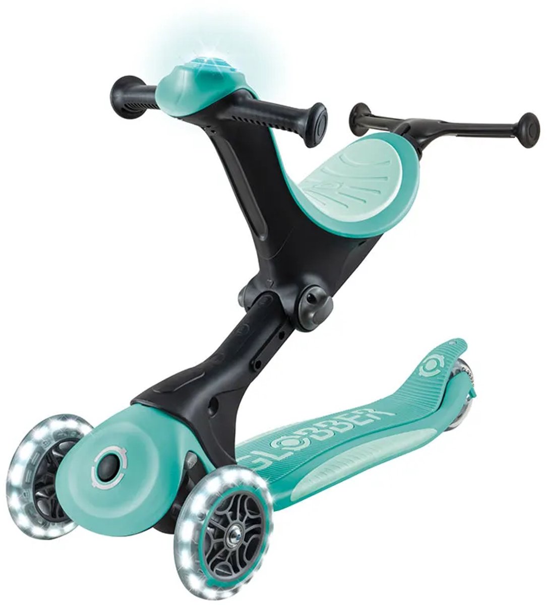 Meegroeistep - Globber Go Up Deluxe Flash Lights Mint - munt - lichtgevende wielen - met duwstang - in hoogte verstelbaar - vanaf 15 maanden tot 9 jaar (4895224410560)