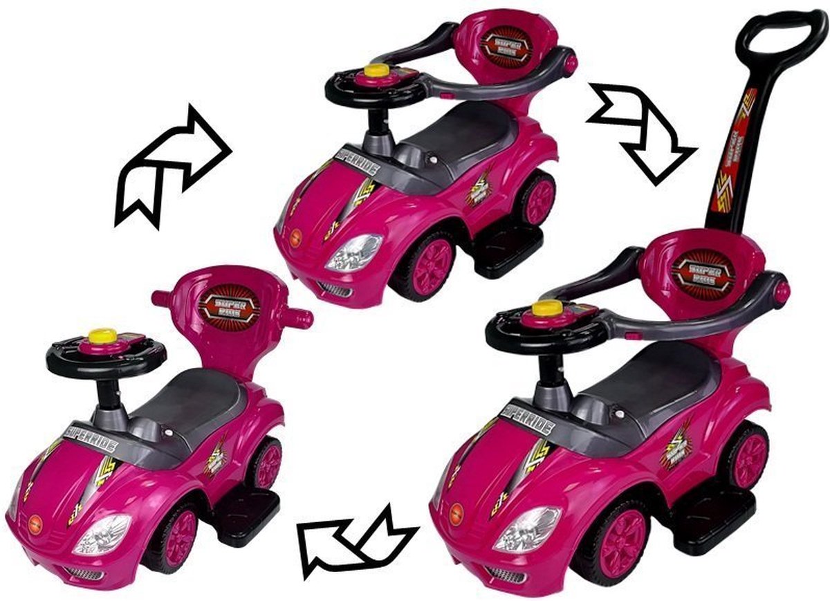Mega Car 3 in 1 loopauto met duwstang - Groeit mee met je kind - Roze (5907625588508)