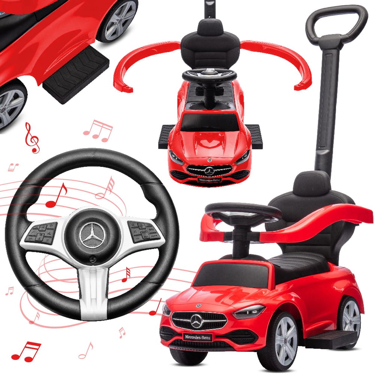 Mercedes C-Class Kindervoertuig 4in1, Loopauto met Claxon, Opbergruimte, Voetsteun, Duwstang, tot 2 jaar, max 27 kg (Rood) (5907798857586)